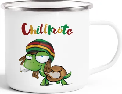 Produktbild von Emaille Tasse Becher Chillkröte Schildkröte Rastafrisur Joint Comic Stil Kaffeetasse Fun-Tasse Moonworks® weiß-metall Emailletasse