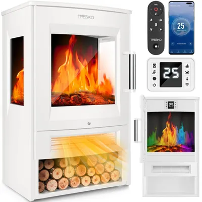 Imagen del producto de Chimenea eléctrica - 1800 W - Blanca - De pie - Con efecto de llama LED - Diseño moderno