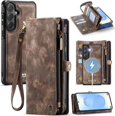 Produktbild von Schutzhülle für Samsung Galaxy S26+, Vintage Multifunktions Lederhülle, Kartenfächer, Reißverschluss Hülle Braun