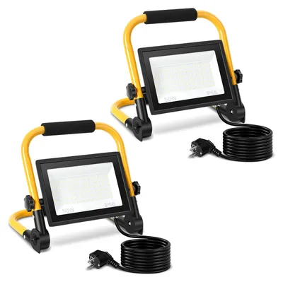 Obrázek produktu pro 2x LED stavební reflektor, 50W, 4000 lm, studená bílá (6500K), IP66, s podstavcem a 3m přívodním kabelem. LED reflektor, pracovní světlo pro stavby, zahrady