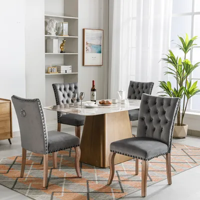 Productafbeelding van MODFU Eetkamerstoelen, Keukenstoelen, Zitstoelen voor de woonkamer met unieke deurbelknopjes, set van 4, gestoffeerde stoelen met decoratieve spijkers, poten van massief hout, fluwelen bekleding, grijs