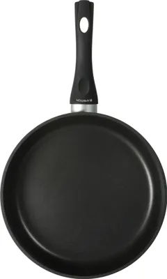 A top-down view of a black frying pan with a black handle against a white background.