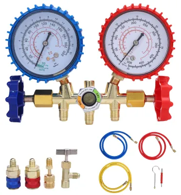 Obrázok produktu pre Sada manometrov s trojcestným rozdeľovačom pre chladivá R134A, R410A, R404A, vrátane rýchlych konektorov, adaptéra pre R410, nástavca na prepichovanie nádob a nástroja na výmenu ventilových jadier