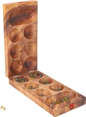 A wooden board game with marbles, shown open.