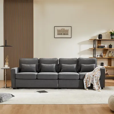 Image de OKWISH Canapé 4 Places Gris Foncé - Canapé Moderne en Lin avec Accoudoirs et Coussins Inclus, Structure Bois Massif
