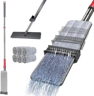 Produktbild von Famanu Wischmop mit Wringfunktion - Mikrofaserset 6-teilig - Grau+Rot