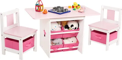 Produktbild von Yorbay Kindertisch mit 2 Stühle, Kindertisch mit Stauraum , 3tlg Kindersitzgruppe, Sitzgruppe für Kinder, Maltisch für Kinderzimmer Rosa + Weiß