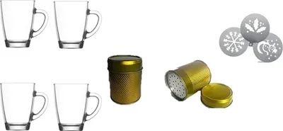 Produktbild von Kaffee- & Dekorationsset Weihnachten mit 4 Henkelbechern 300ml, Deko-Schablone 3 Designs & Streudose