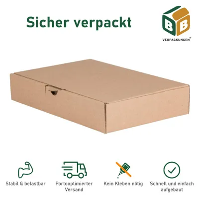 A cardboard box is shown with marketing icons and text below.