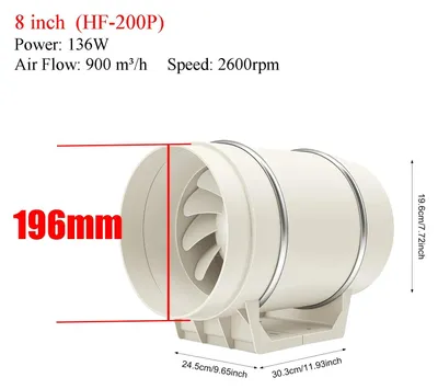Produktbild von Inline Rohrventilator 200 mm - Kanal Lüfter - 220V 136W Kupfermotor mit EU-Stecker - 900 m³/h hoher Luftstrom - Leiser Badlüfter für Growbox und WC - Weiß