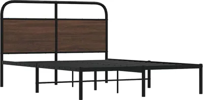 A metal bed frame with a wooden headboard against a white background.
