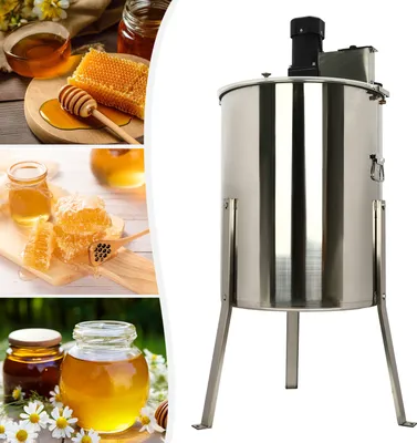 A collage of images showing honey in jars and honeycomb, alongside a stainless steel electric honey extractor.