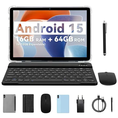 Produktbild von PRITOM 10 Zoll Android 15 Tablet, 16(4+12 erweiterbar)GB+64GB 1TB erweiterbar, WiFi 6, Dual-Box-Lautsprecher, mit Tastatur, Maus, Hülle, Hellblau