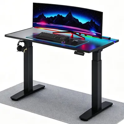 Produktbild von FLEXISPOT Gaming Schreibtisch Höhenverstellbar 120x70 cm, Dual-Motor, LED Beleuchtung, Kabelmanagement, 120KG Tragkraft, 5-Schicht Oberfläche, Schwarz