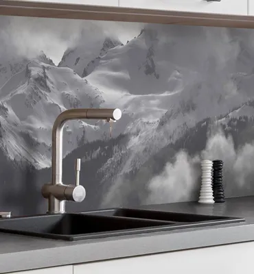 Produktbild von Küchenrückwand selbstklebend Berge schwarz weiß Spritzschutz Folie 400 x 60cm