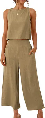 Produktbild von ASKSA Damen 2 Teiler Sommer Ärmellos Knöpfe Tank Top Weitem Hose Bein Einfarbig Zweiteiler Outfit mit Taschen, Khaki, M