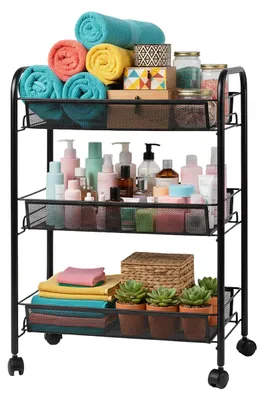 Produktbild von Relaxdays Rollwagen, 3 offene Ebenen, Metall, HxBxT: 62,5 x 43,5 x 26 cm, 4 Rollen, Küche, Bad, Beistellwagen, schwarz