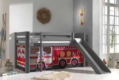 Image de Vipack Lit mi-hauteur PINO, avec toboggan et set textile "FIRE RESCUE", finition pin massif laqué gris