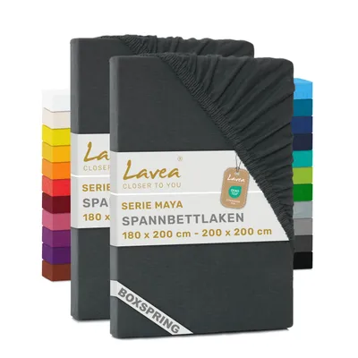 Produktbild von Lavea® 2er Pack Spannbettlaken 180/200x200 cm, Jersey Bettlaken 100% Baumwolle – Boxspringbetten, Wasserbetten, Matratzen bis 35 cm – Anthrazit