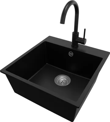 Produktbild von PRIMAGRAN Granitspüle Schwarz 48x50cm, Spülbecken 1 Becken + Küchenarmatur 32x20cm + Ablauf-Set, Küchenspüle ab 50er Unterschrank - Riga
