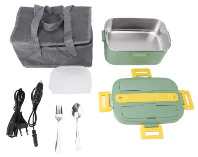 Productafbeelding van Elektrische lunchbox, 1,8 liter, 360-graden circulatieverwarming, SUS304 binnenvoering, vaatwasmachinebestendig, draagbaar, geschikt voor gebruik op kantoor en tijdens reizen, EU-stekker, 110–220 V, groen