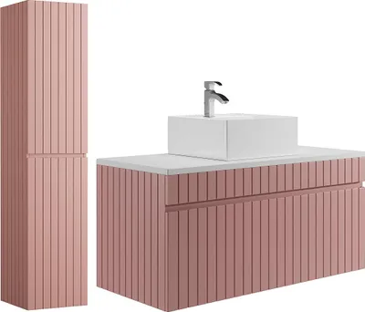 Produktbild von Waschbeckenunterschrank hängend mit Ablagen & Aufsatzwaschbecken - Streifenoptik - Rosa - 100 cm - SATARA