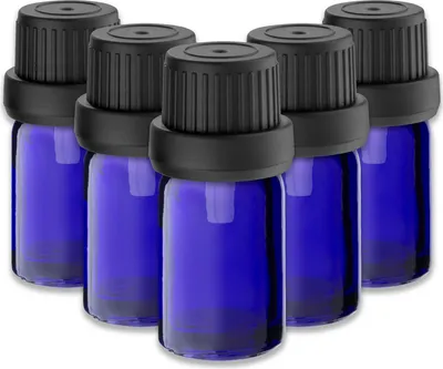 Produktbild von 5x Blaue Glasflasche 5 ml mit schwarzem Tropfer – Kosmetikflasche