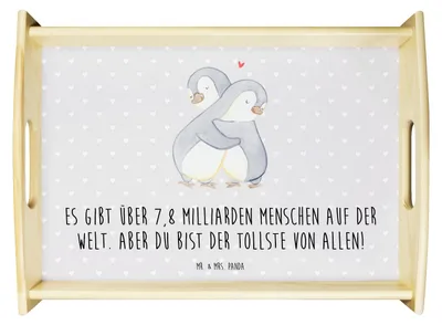 Produktbild von Mr. & Mrs. Panda Serviertablett Pinguine Kuscheln - Grau Pastell - Geschenk, Hochzeitstag, Freundin, Valentinstag, für Frauen, Mitbringsel, betttablett, tablett holz