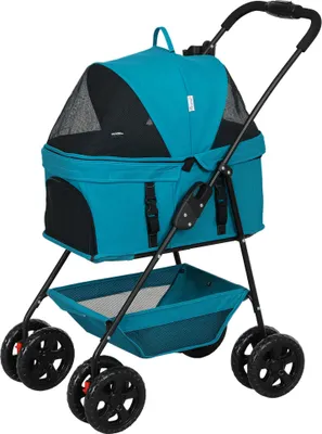 Produktbild von 3-in-1 faltbarer Haustierkinderwagen für Hunde & Katzen, 4-Rad Hundewagen mit abnehmbarer Tragetasche, Türkis