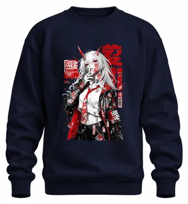 Zdjęcie produktu dla Bluza z kapturem w stylu streetwear, inspirowana anime o demonach, w japońskim stylu, z motywami Y2K i mangi, kolor granatowy, rozmiar L