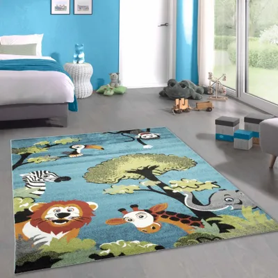Zdjęcie produktu dla Dywanik leśne zwierzęta w kolorze niebieskim Przytulny akcent do pokoju dziecięcego Rozmiar - 120 x 170 cm