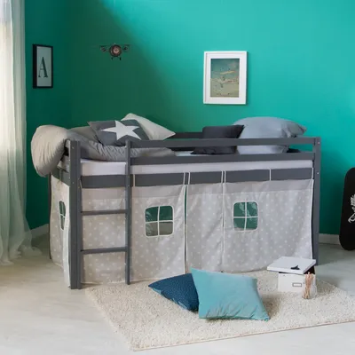 Produktbild von Homestyle4u Hochbett 90x200 Kinder Grau mit Sternen Vorhang