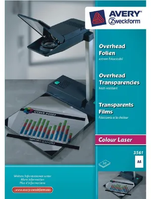 Produktbild von Avery Zweckform 3561 Overhead-Folien, DIN A4, spezialbeschichtet, extrem hitzestabil durch erhöhte Folienstärke: 0,13 mm, 50 Blatt