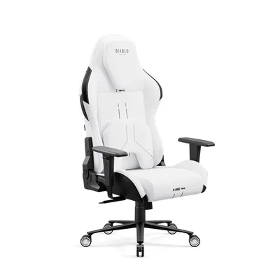 A white and black gaming chair is shown against a white background.