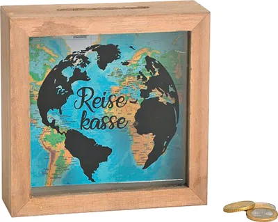 Produktbild von Spardose Reisekasse Holz/Glas 15x15x5cm