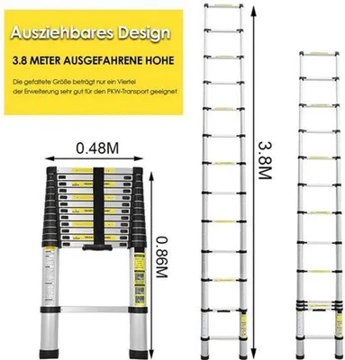 Obrázek produktu pro Teleskopická žebřík 3,8 metru - hliník - 13 příček - nosnost 150 kg - výsuvná - multifunkční - stříbrná