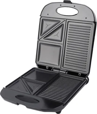 An open black sandwich maker with non-stick plates.