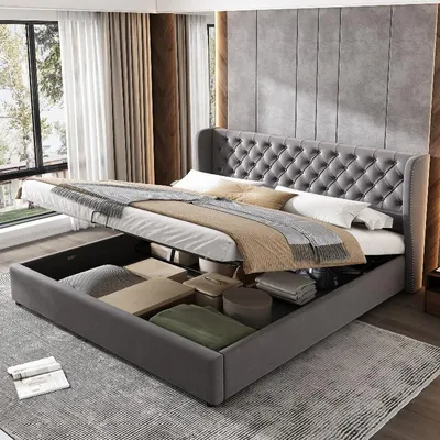 Immagine prodotto di Letto imbottito 180x200 cm, grigio, in velluto, con spazio contenitore e rete a listelli, per la camera da letto