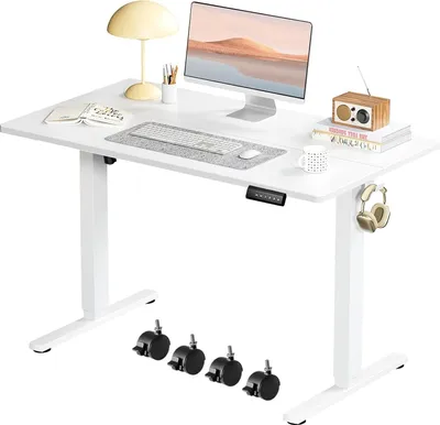 Produktbild von CAROMA Schreibtisch, höhenverstellbar, elektrisch, 120x60 cm, mit 4 Speicherfunktionen, ergonomisch, mit Rollen, maximale Tragfähigkeit 80 kg, weiß