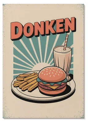 Produktbild von POSTER - 21x29 cm (A4) - 3 Steps - Burger und Pommes vor Retro-Hintergrund - Wandbild für Wohnzimmer Schlafzimmer & Flur, Modernes Poster Wanddeko, Ungerahmt