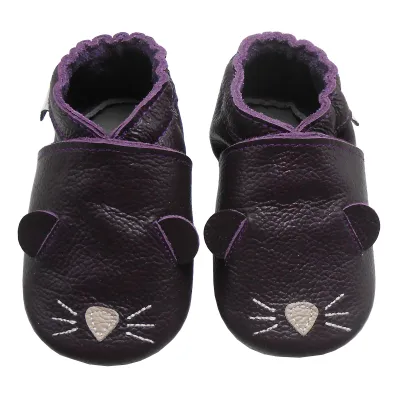 Produktbild von BEMUSE® Baby Krabbelschuhe aus Echtleder,weiche Lauflernschuhe für Mädchen&Jungen, rutschfeste Ledersohle,Violett,Katzenmotiv, Größe XL (18–24 Monate)
