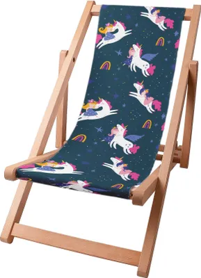 A wooden deck chair with a fabric seat featuring a unicorn pattern.