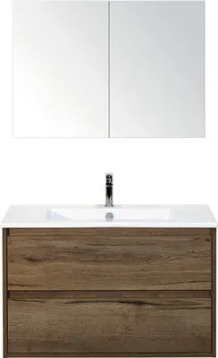 Produktbild von Badmöbel-Set Sanox Porto BxHxT 91 x 170 x 51 cm Frontfarbe tabacco mit Waschtisch Keramik weiß