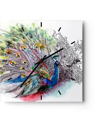 Produktbild von Wanduhr - Quadrat - Glasuhr - Pfau Feder Farbe - 30x30cm - Schleichendes Uhrwerk - Lautlos - zum Aufhängen bereit - Dekoration Modern - Wanddekoration aus Glas - C3AC30x30-3556
