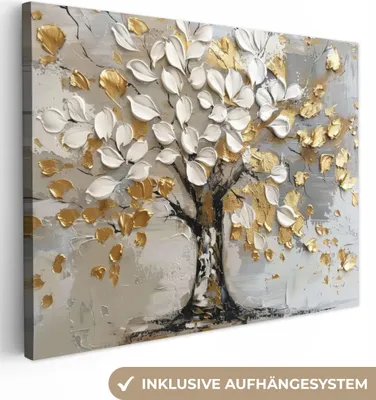 Produktbild von MuchoWow® - Leinwandbilder - Baum - Beige - Grau - Gold - Abstrakt, Wandbild, Wanddeko Bilder Wohnzimmer, 120x90cm