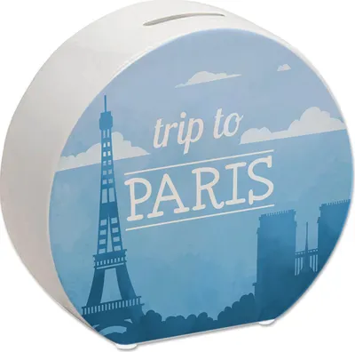 Produktbild von Spardose mit schönem Motiv und Text - Trip to Paris in blau