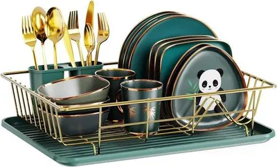 Image de Égouttoir de cuisine vert foncé avec porte-couverts et bac d'égouttage en plastique