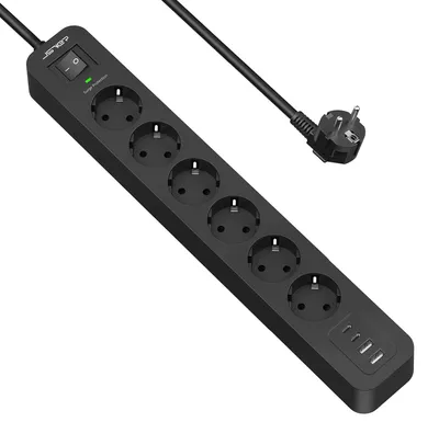 Image de Multiprise de 2 mètres de câble, 6 prises, avec protection contre les surtensions, et ports USB A et C