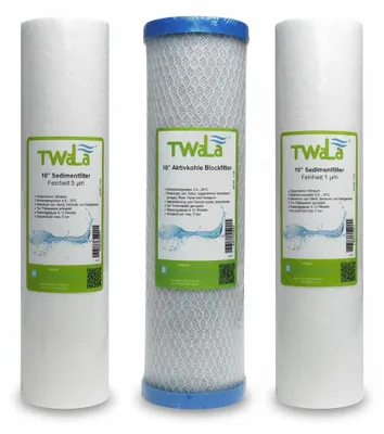 Produktbild von TWaLa 10' Filter Set 3-teilig Trinkwasser Filter für RO Umkehrosmose, Brunnenwasser, Wasserfilter