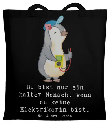 Produktbild von Mr. & Mrs. Panda Baumwolltasche Elektrikerin Herz - Schwarz - Geschenk, Jutebeutel, Tasche, festivaltasche, Ausbildung, Beruf, Tote Bag, Lustig, Laptoptasche, Spruch